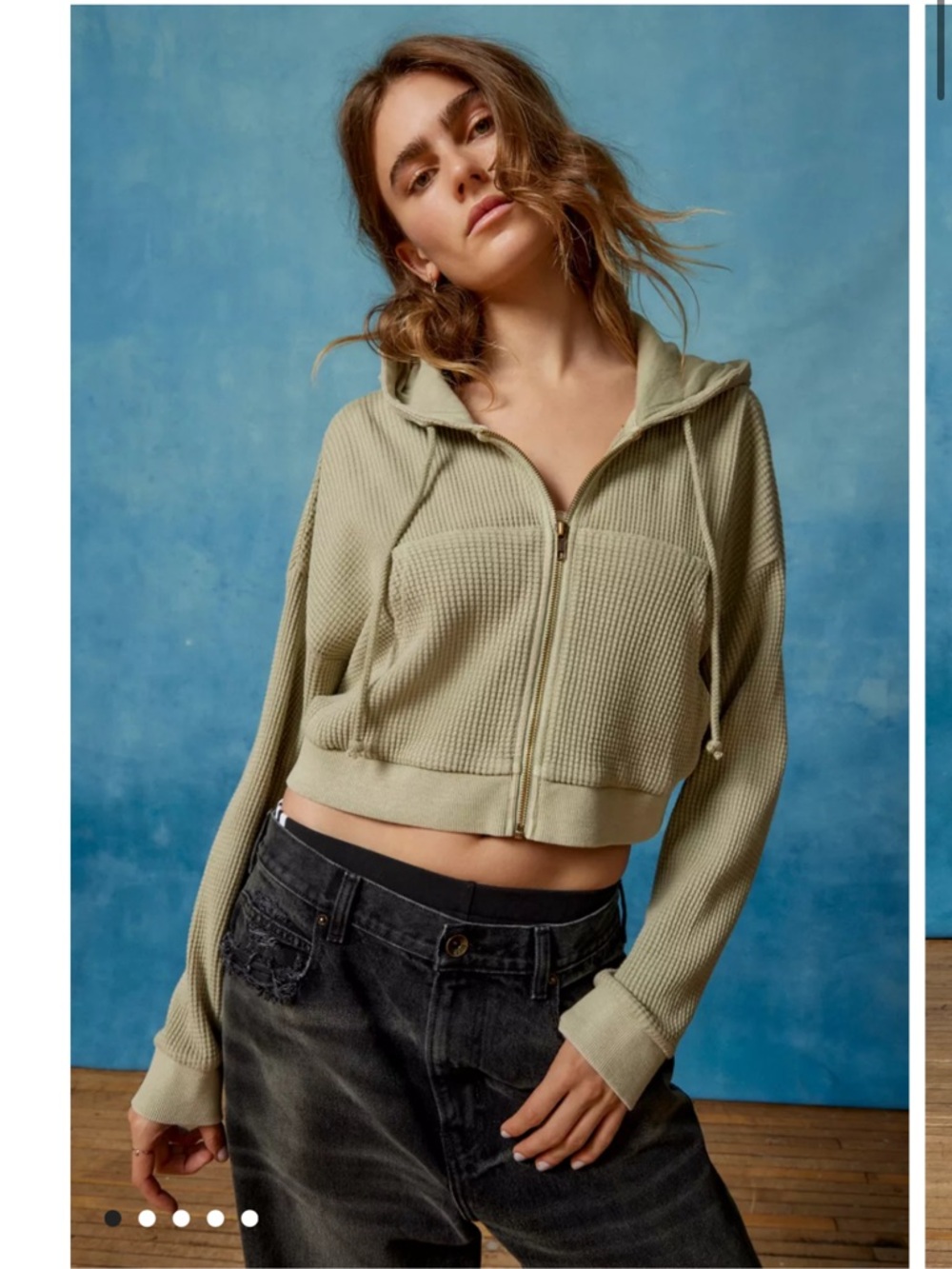 BDG Leah Waffle Knit Zip Up Hoodie Crop Sweatshirt Green 100% Cotton Medium Soft